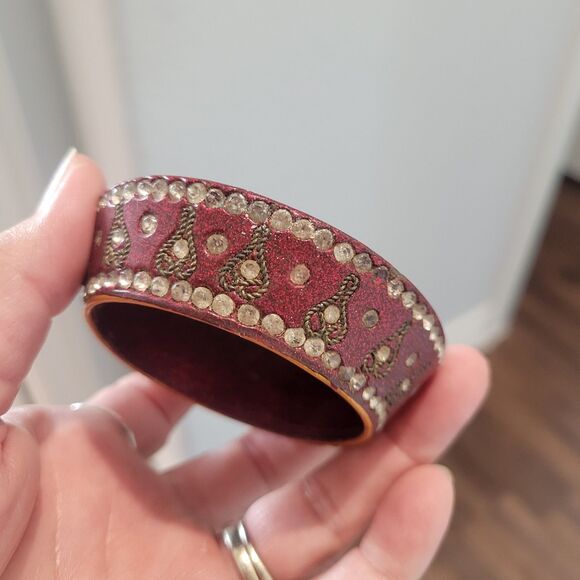 Vintage Pier 1 Jeweled Trinket Box Round Hexagon Jewelry Small 3x3x1 Maroon Boho - Picture 8 of 10